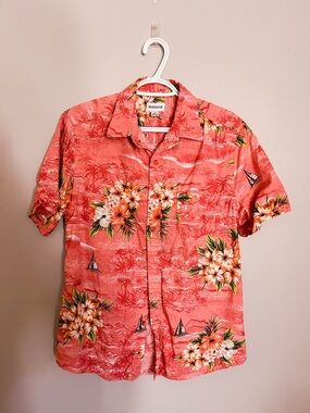 Haggar Coral Hawaiian Shirt | Floral Beach Print Button Up | Men’s M